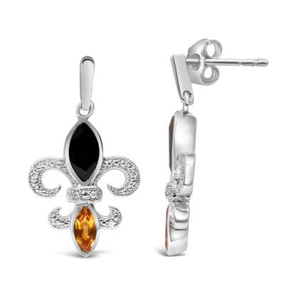 Pendientes colgantes de plata de ley .925 con forma de flor de lis, ónix y citrino talla marquesa con acento de diamante (color H-I, claridad SI1-SI2)