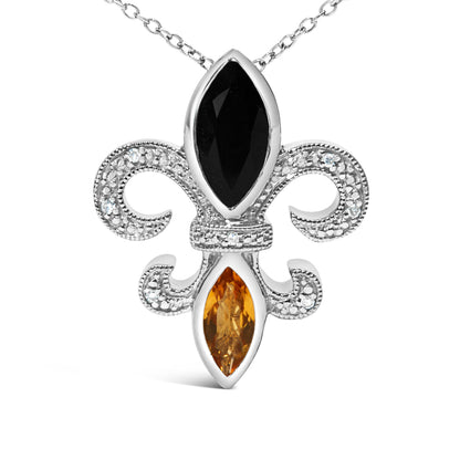 Colgante de flor de lis de plata de ley .925 con ónix, citrino y acento de diamante (Color H-I, Claridad SI1-SI2) - 18"