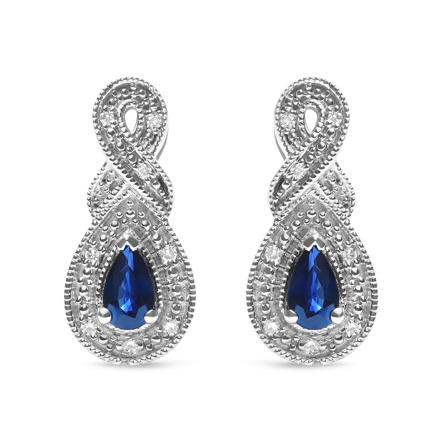 Pendientes de gota de plata de ley .925 con gema de zafiro en forma de pera de 4.5 x 3 mm y acento de diamante de infinito (color H-I, claridad SI1-SI2)