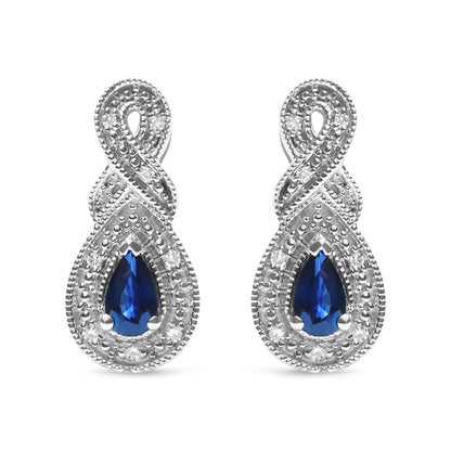 Pendientes de gota de plata de ley .925 con gema de zafiro en forma de pera de 4.5 x 3 mm y acento de diamante de infinito (color H-I, claridad SI1-SI2)
