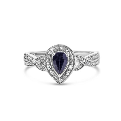 Anillo tipo halo de plata de ley .925 con gema de zafiro en forma de pera de 6x4 mm y acento de diamante (color H-I, claridad SI1-SI2) - Talla 7