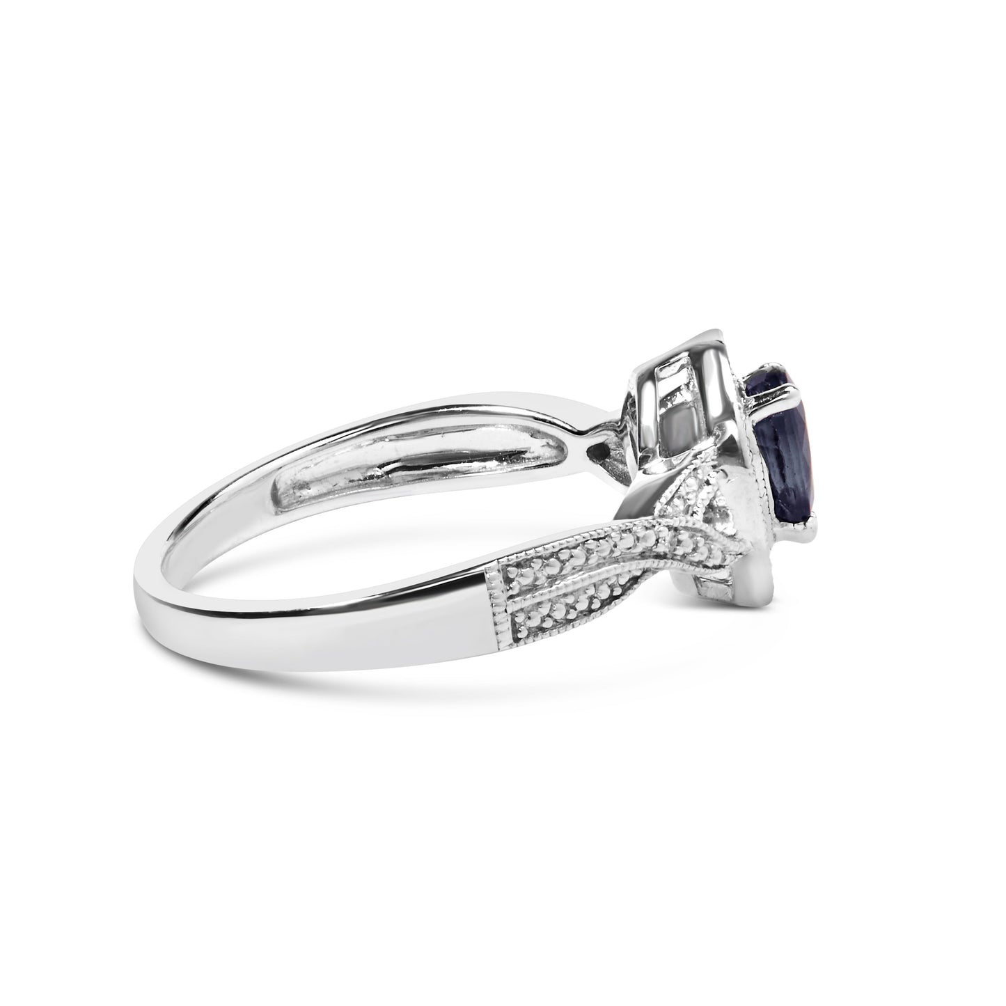 Anillo tipo halo de plata de ley .925 con gema de zafiro en forma de pera de 6x4 mm y acento de diamante (color H-I, claridad SI1-SI2) - Talla 7