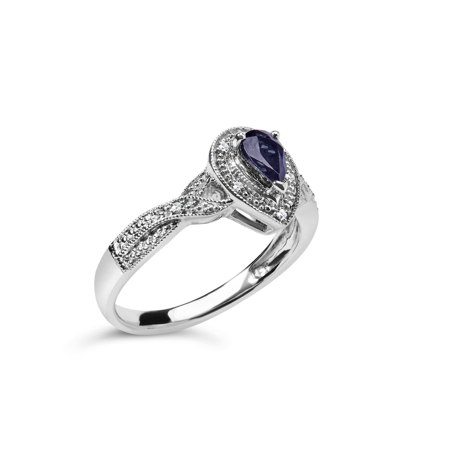 Anillo tipo halo de plata de ley .925 con gema de zafiro en forma de pera de 6x4 mm y acento de diamante (color H-I, claridad SI1-SI2) - Talla 7