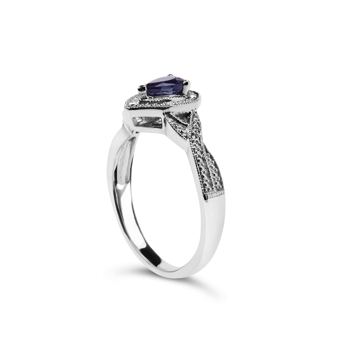 Anillo tipo halo de plata de ley .925 con gema de zafiro en forma de pera de 6x4 mm y acento de diamante (color H-I, claridad SI1-SI2) - Talla 7