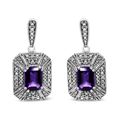 Pendientes de tuerca de plata de ley .925 con detalles de diamante y amatista morada de 7x5 mm (color I-J, claridad I2-I3)