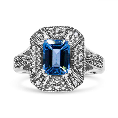 Anillo de plata de ley .925 con detalles de diamantes y topacio azul talla esmeralda de 8x6 mm (color I-J, claridad I2-I3) - Talla de anillo 7