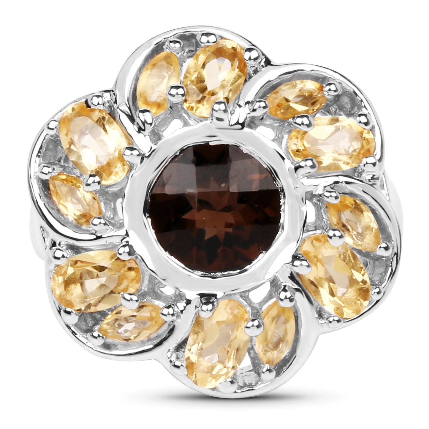 Anillo de plata de ley .925 con cuarzo ahumado y citrino auténticos de 3,46 quilates