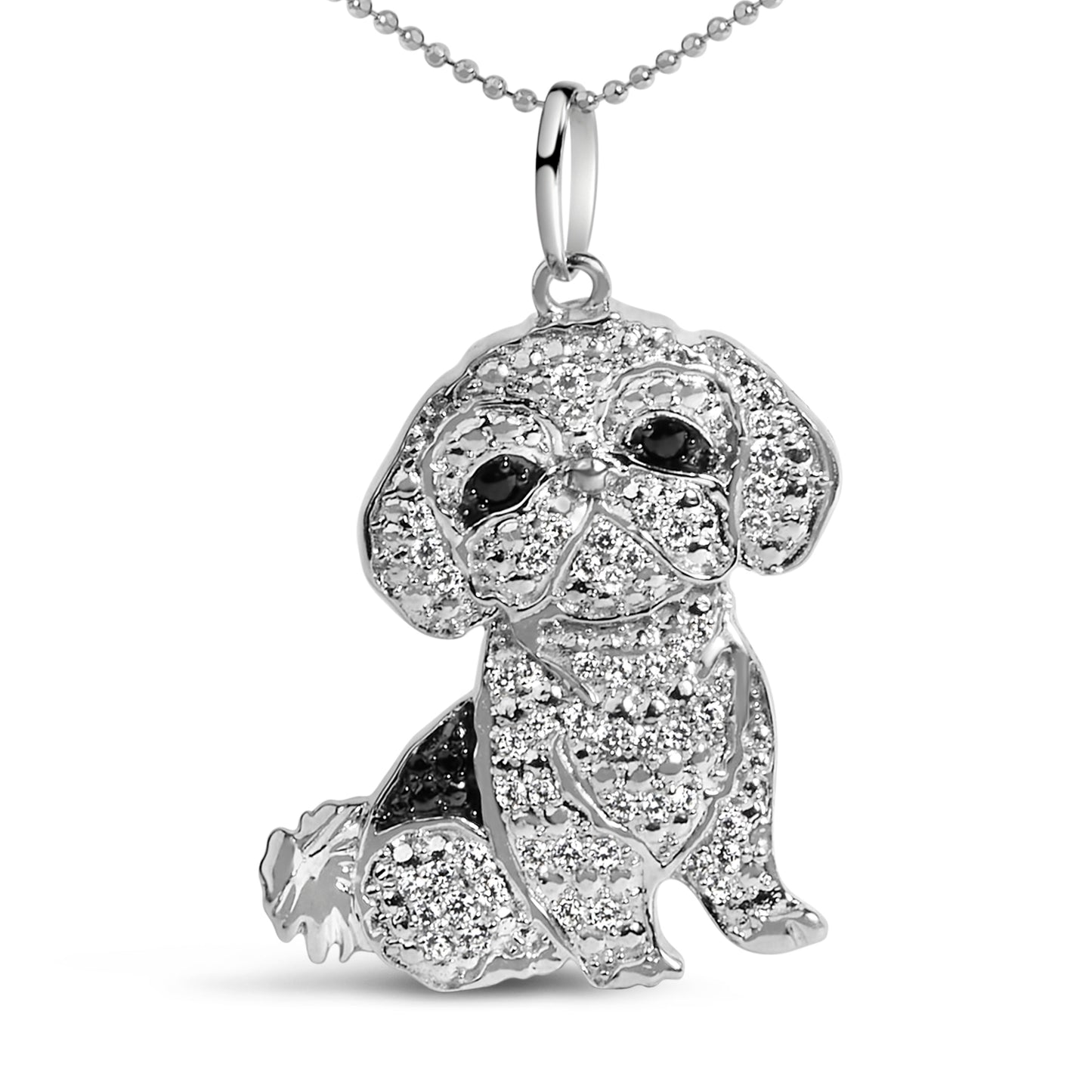 Collar con colgante de perro Shih Tzu de plata de ley .925 con diamantes blancos y negros de 1/2 quilate (color I-J, claridad I2-I3) y cadena de 45 cm