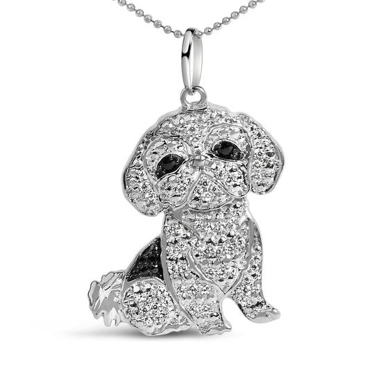 Collar con colgante de perro Shih Tzu de plata de ley .925 con diamantes blancos y negros de 1/2 quilate (color I-J, claridad I2-I3) y cadena de 45 cm