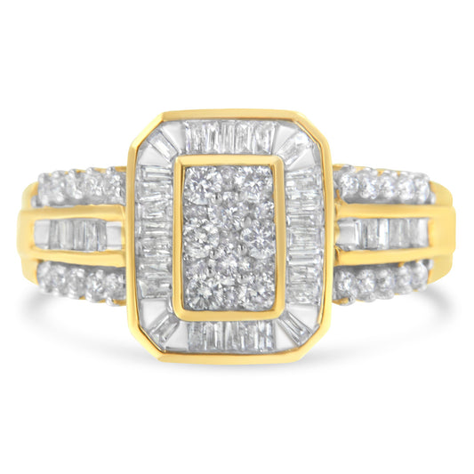 Anillo de cóctel de oro amarillo de 10K con diamantes redondos y de talla baguette (1.0 Cttw, color H-I, claridad SI2-I1) - Talla 7
