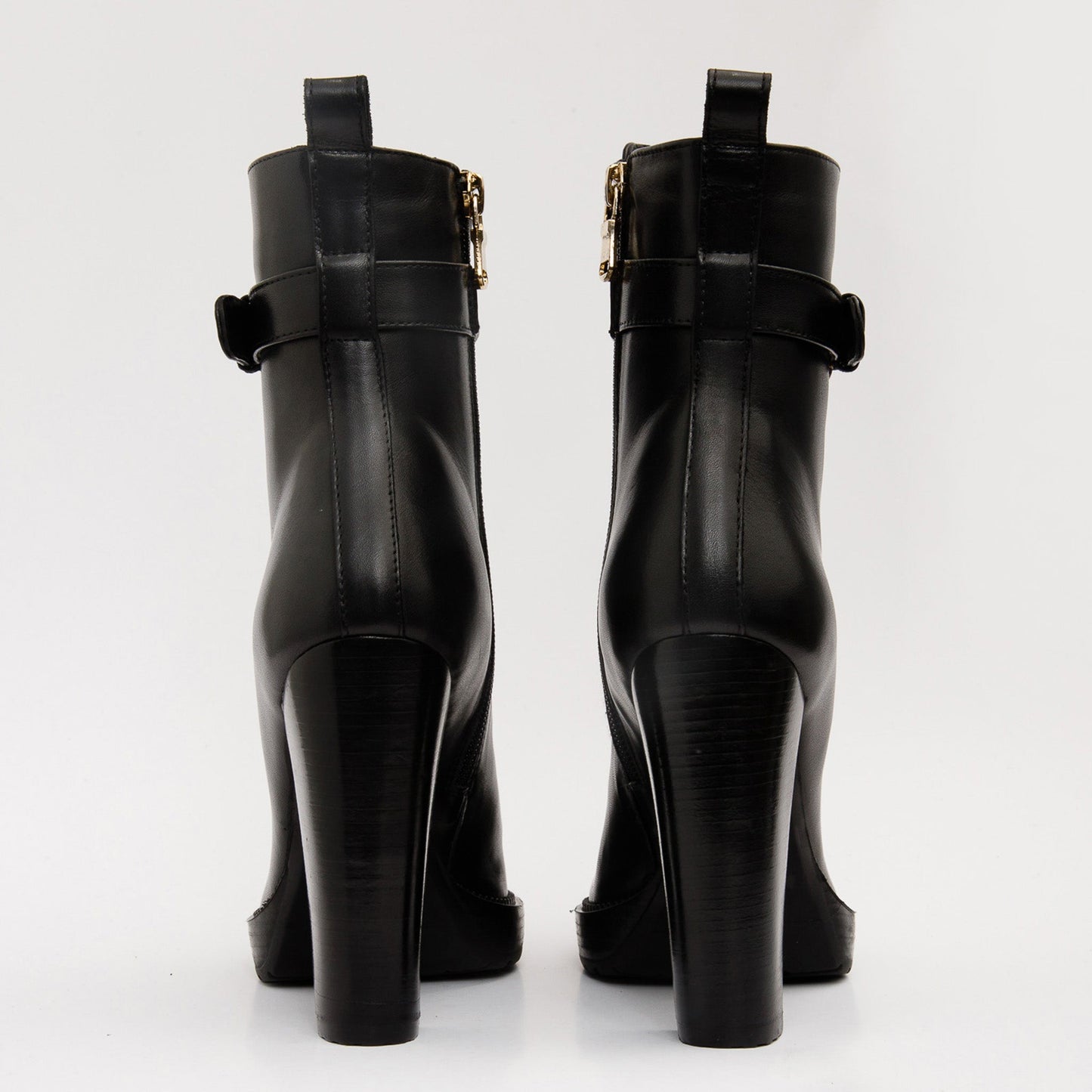 The Estrada Black Leather Lace-Up Platform Heel Mid Calf Women Boot