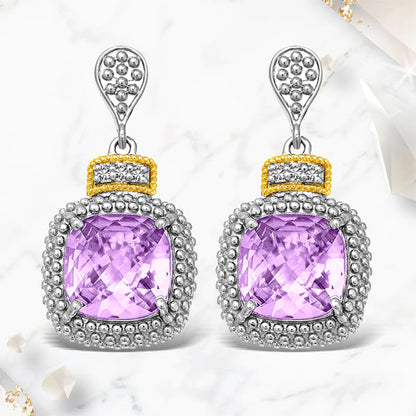 Pendientes de amatista talla cojín y diamantes (.05cttw) en oro amarillo de 18k y plata de ley