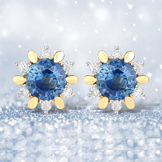 Pendientes de oro amarillo de 14 quilates con zafiro azul genuino de 1,87 quilates y diamantes blancos