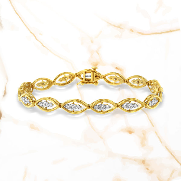 Pulsera de eslabones de oro amarillo de 10 quilates bañada en plata de ley 925 con diamantes redondos engastados en garras de 1 quilate (color J-K, claridad I1-I2) - 7.25"