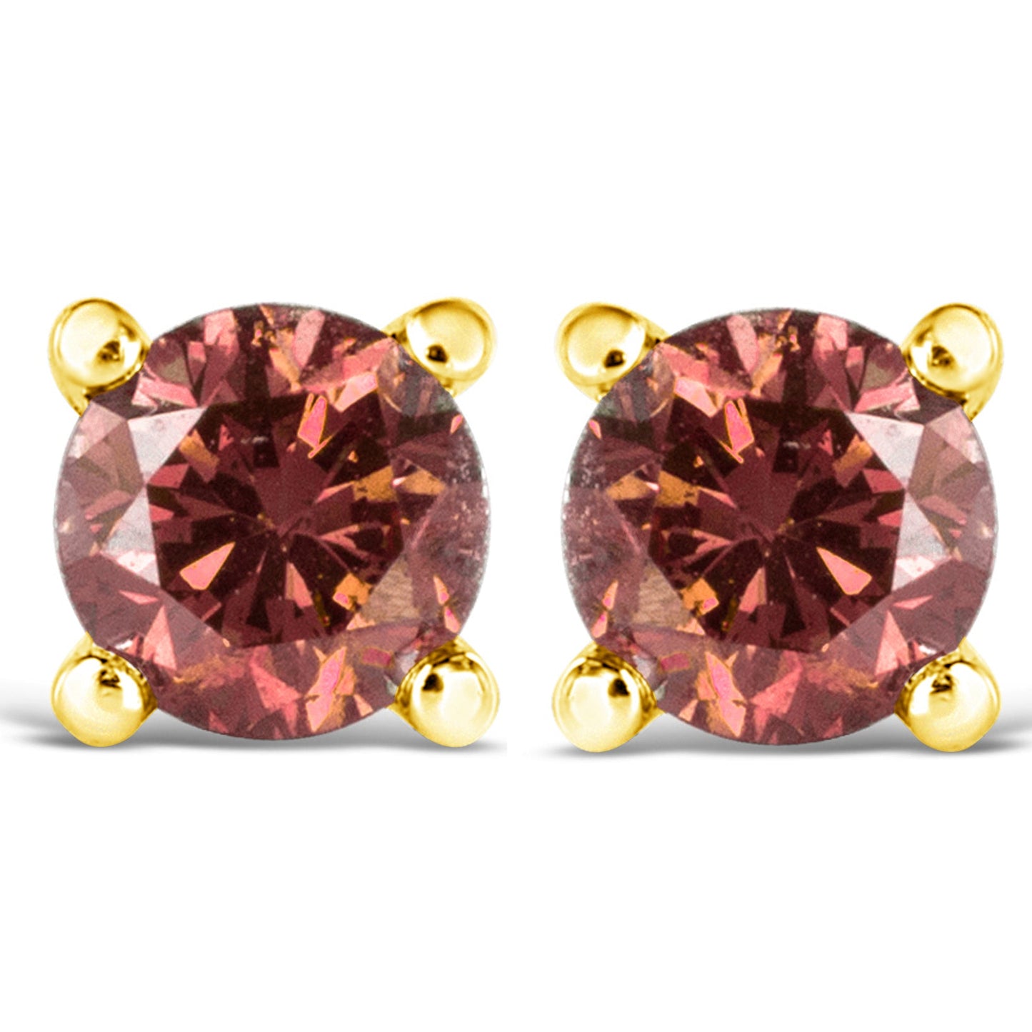 Pendientes solitario clásicos de 4 puntas de oro amarillo de 14 quilates con diamantes rosados cultivados en laboratorio de corte brillante redondo de 1,00 quilates en total (color rosa, claridad VVS2-VS1)