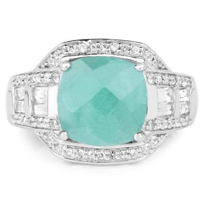 Anillo de plata de ley .925 con esmeralda genuina de 4,09 quilates y topacio blanco