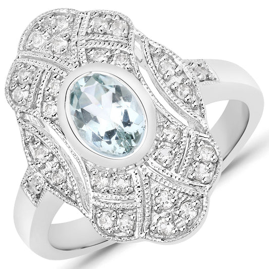 Anillo de plata de ley .925 con aguamarina auténtica de 1,02 quilates y topacio blanco