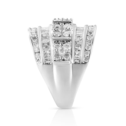 Anillo de plata de ley .925 con diamantes redondos y de talla baguette de 2.0 Cttw, engastados en canal en varias filas, diseño cónico, tipo cóctel (Color I-J, Claridad I3) - Talla 7