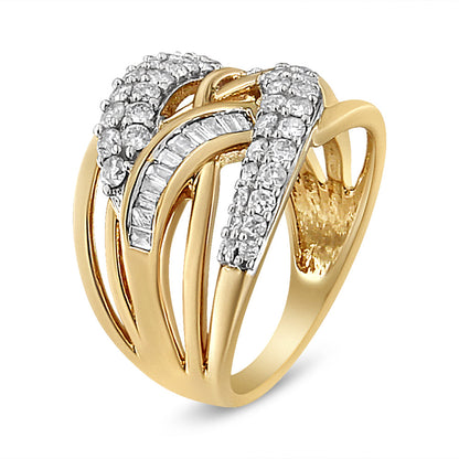 Anillo de cóctel entrelazado de oro amarillo y blanco de 10K con diamantes redondos y talla baguette de 1.0 quilates (Color I-J, Claridad I2-I3) - Talla 7