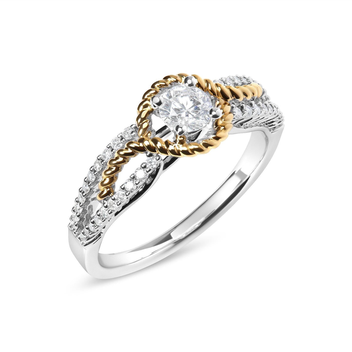 Anillo de compromiso de oro de 14 quilates de dos tonos con diamantes de 3/8 quilates totales, diseño de banda dividida y halo de cuentas (color G-H, claridad VS2-SI1) - Talla 7