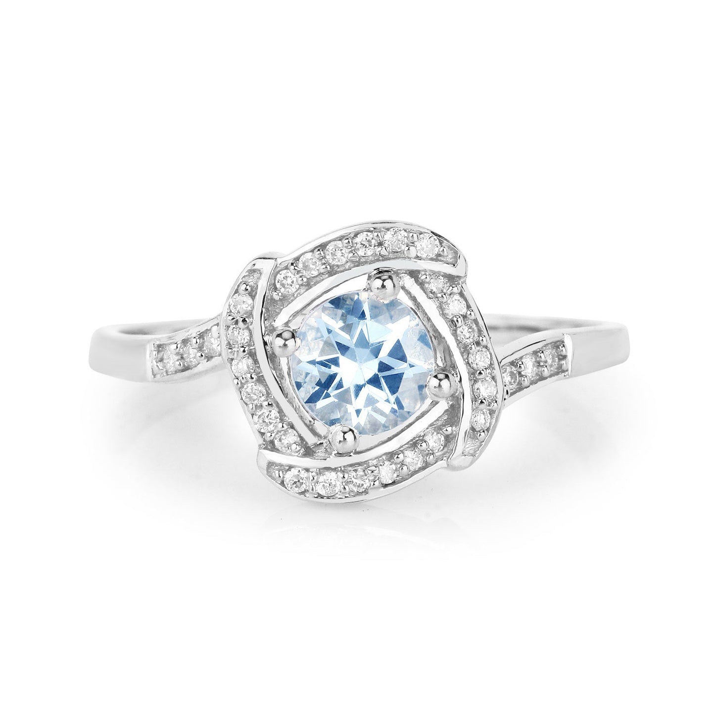 Anillo de oro blanco de 14K con aguamarina auténtica de 0,46 quilates y diamantes blancos