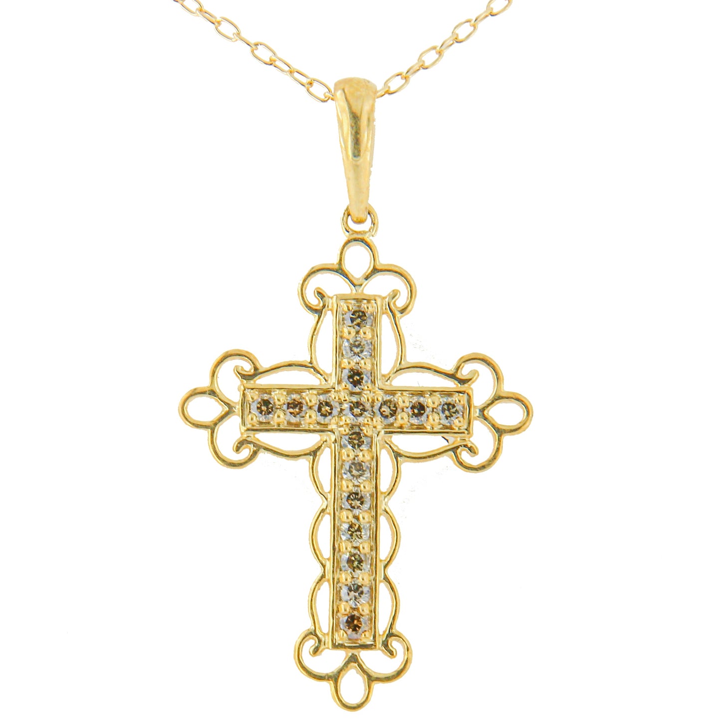 Collar con colgante de cruz de filigrana con diamantes de color champán de 1/4 Cttw (color K-L, claridad I1-I2) de plata de ley .925 con baño de oro amarillo de 10K - 18"