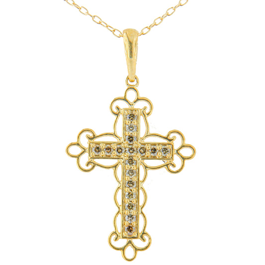 Collar con colgante de cruz de filigrana con diamantes de color champán de 1/4 Cttw (color K-L, claridad I1-I2) de plata de ley .925 con baño de oro amarillo de 10K - 18"