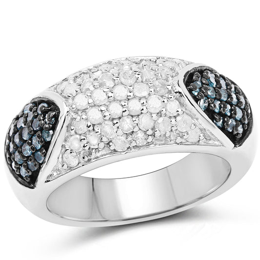 Anillo de plata de ley .925 con diamante azul auténtico de 0,94 quilates y diamantes blancos