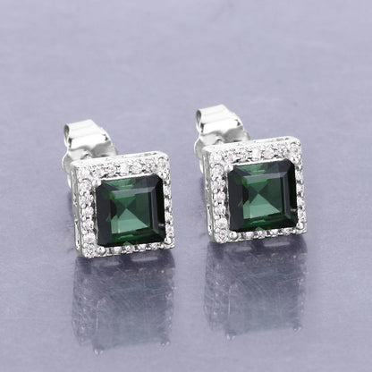 Pendientes de oro blanco de 14 quilates con turmalina verde genuina de 1,55 quilates y diamantes blancos