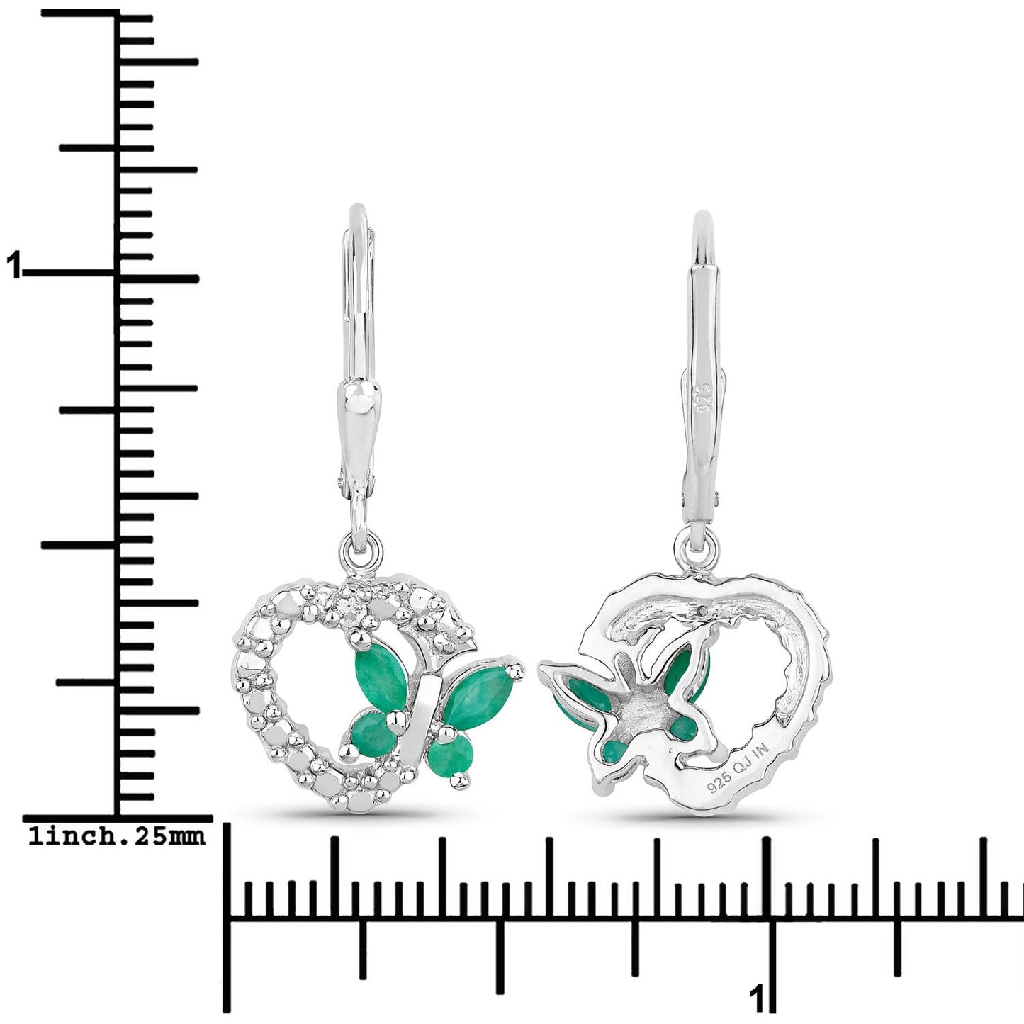 Pendientes de Plata de Ley .925 con Esmeralda Genuina de 0.44 Quilates y Zafiros Blancos Creados