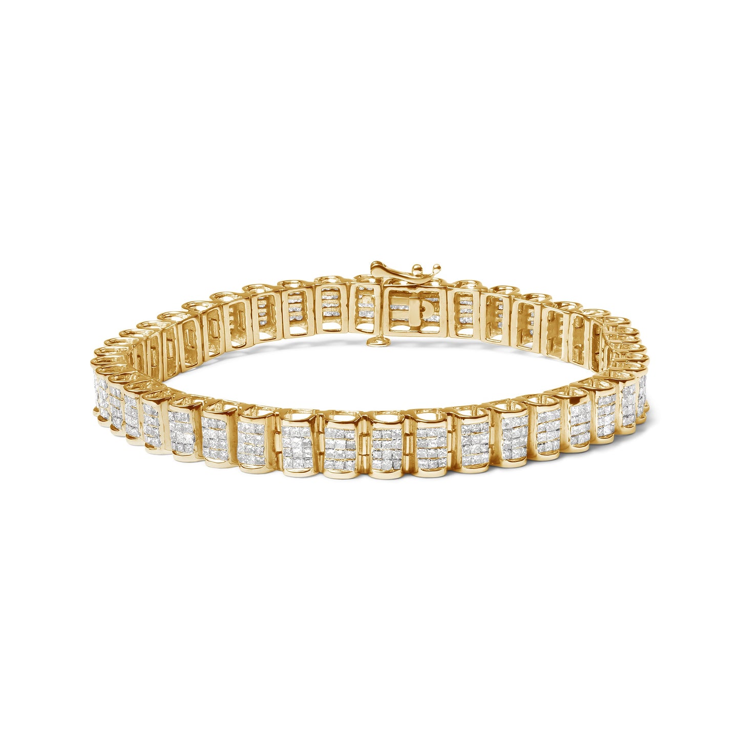 Pulsera de tenis con eslabones de hebilla de oro amarillo de 14K con diamantes de talla princesa engastados invisibles de 5.0 Cttw (Color H-I, Claridad SI2-I1) - Tamaño 7.25"