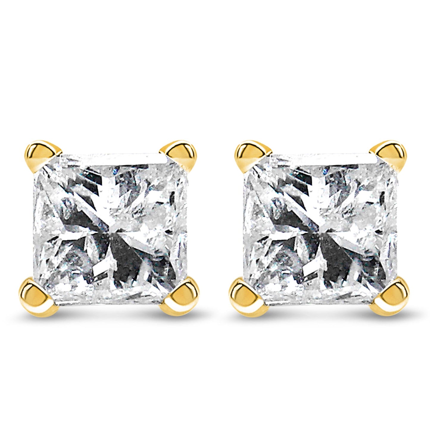 Pendientes de botón solitarios con diamantes de talla princesa de 1/3 Cttw en oro amarillo de 14k con engaste de 4 puntas, certificados por IGI (color Q-R, claridad I1-I2)