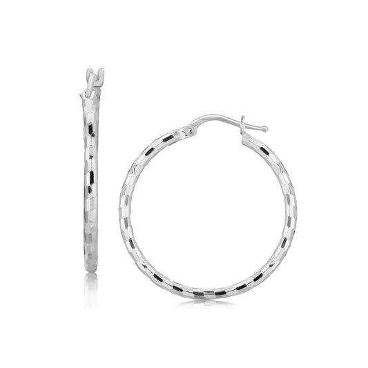 Pendientes de aro de plata de ley con diseño de corte de diamante y baño de rodio (26 mm)