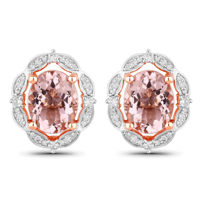 Pendientes de oro rosa de 14 quilates con morganita genuina de 3,52 quilates y diamantes blancos