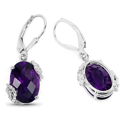 Pendientes de Plata Fina .925 con Amatista Genuina de 10,18 Quilates y Topacio Blanco