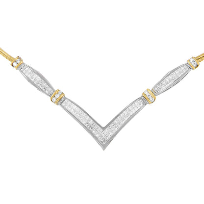 Collar llamativo en forma de «V» de oro blanco y amarillo de 14 quilates con diamantes redondos y de talla princesa de 2,00 quilates (color H-I, claridad SI2-I1) - 45,72 cm