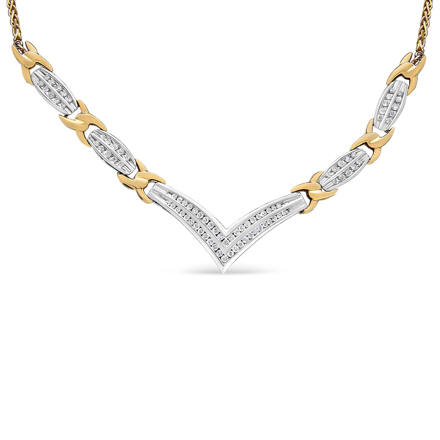 Collar llamativo en forma de "V" de oro amarillo y blanco de 10K con diamantes redondos y de talla princesa de 1.0 Cttw (color I-J, claridad I1-I2)