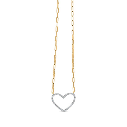 Collar con colgante de corazón abierto de plata de ley 925 chapado en oro amarillo de 14 quilates con diamantes de 1/4 Cttw y cadena de eslabones tipo clip (color I-J, claridad I2-I3) - 45.72 cm