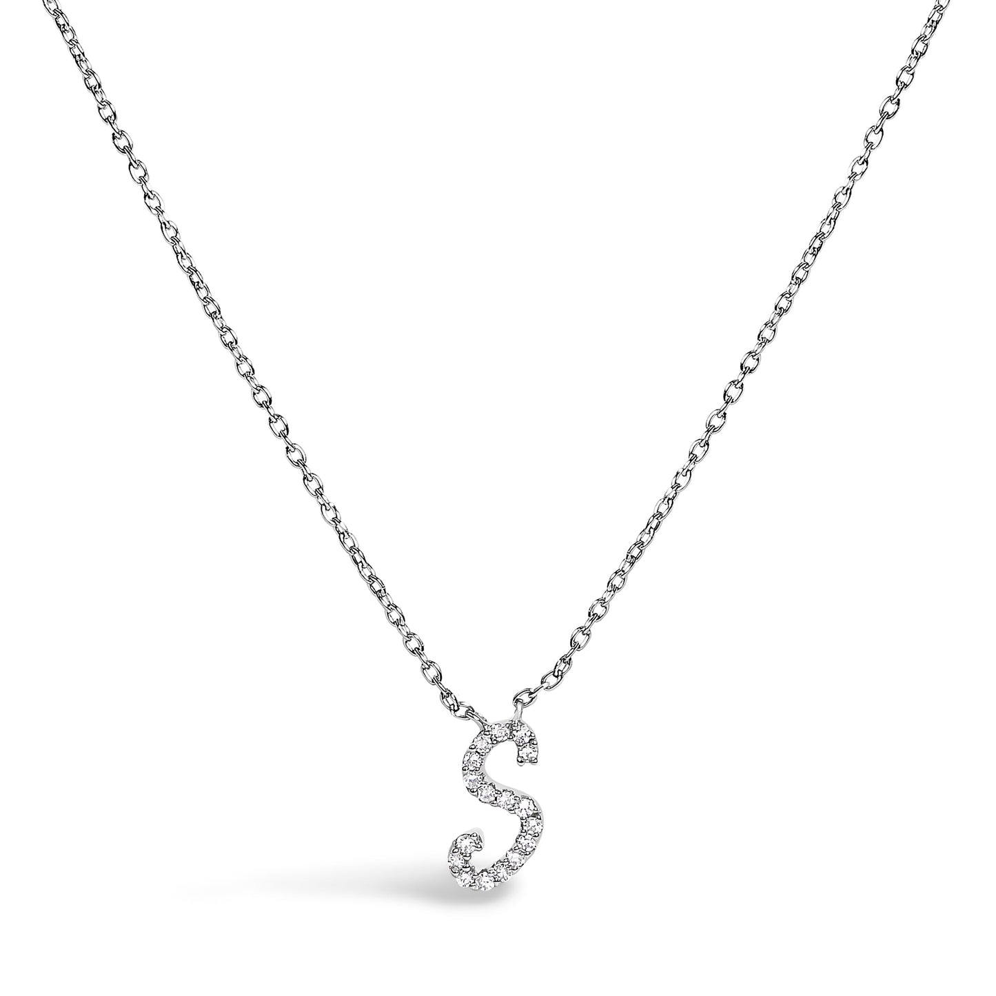 Collar con colgante con acento de diamante en oro blanco de 10K con inicial "A" estilo cursiva