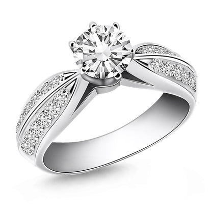 Anillo de compromiso de oro blanco de 14 quilates con diamantes pavé de doble fila tipo catedral