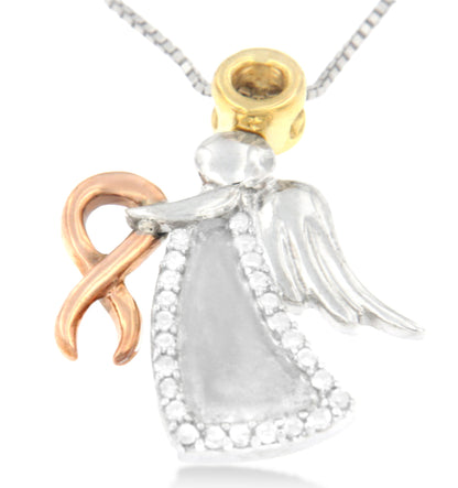 Collar con colgante de lazo de concientización de ángel acentuado con diamantes de oro tricolor de 10K (color H-I, claridad I1-I2)