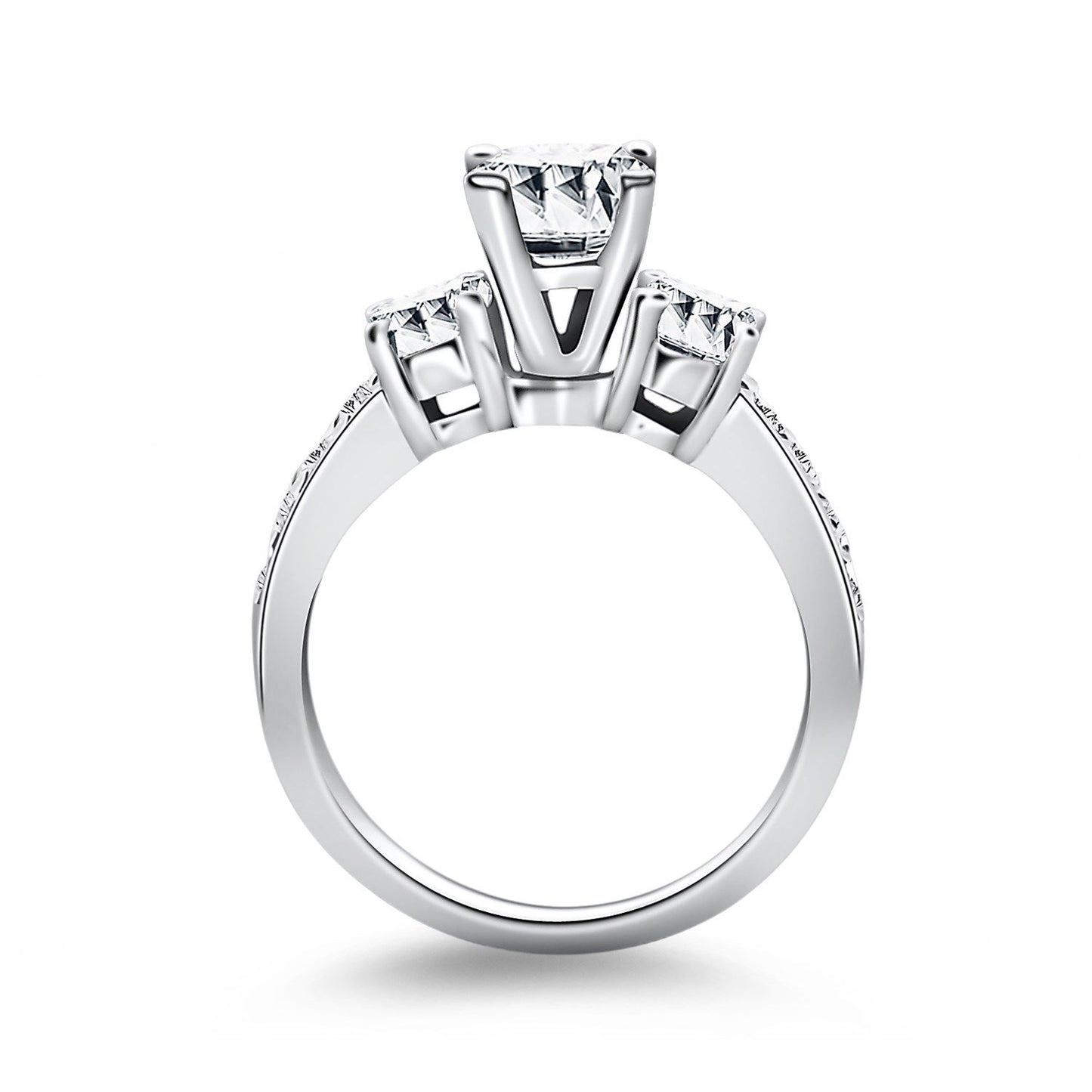 Anillo de compromiso de oro blanco de 14 quilates con tres piedras y banda de diamantes