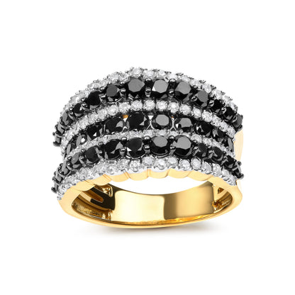 Anillo de banda de varias filas de diamantes negros y blancos alternados, con baño de oro amarillo de 14 quilates sobre plata de ley .925, de 1,75 quilates en total (color negro / I-J, claridad I2-I3) - Talla 7