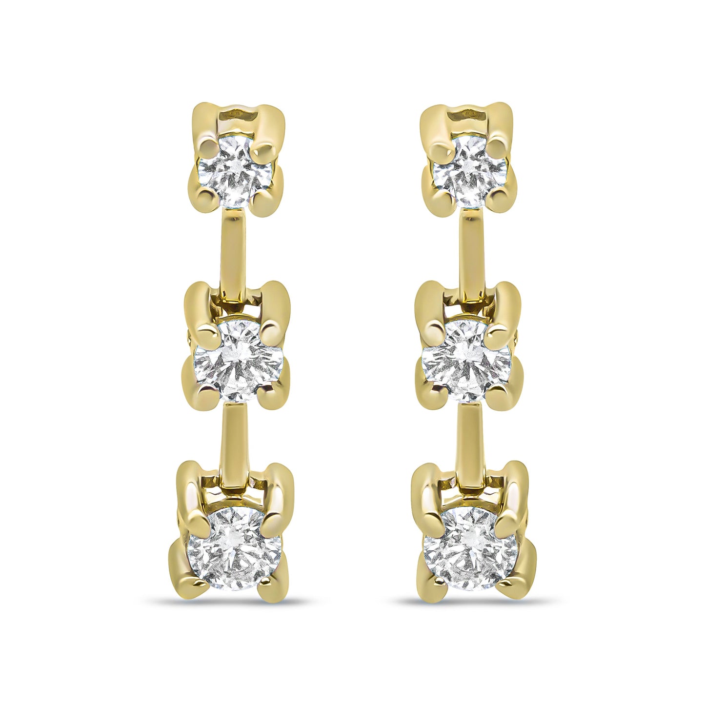 Pendientes de botón en oro amarillo de 14 quilates con diamantes redondos de 1/2 quilate en total, de tres piedras, en cascada lineal y con diseño de pasado, presente y futuro (color H-I, claridad SI1-SI2)