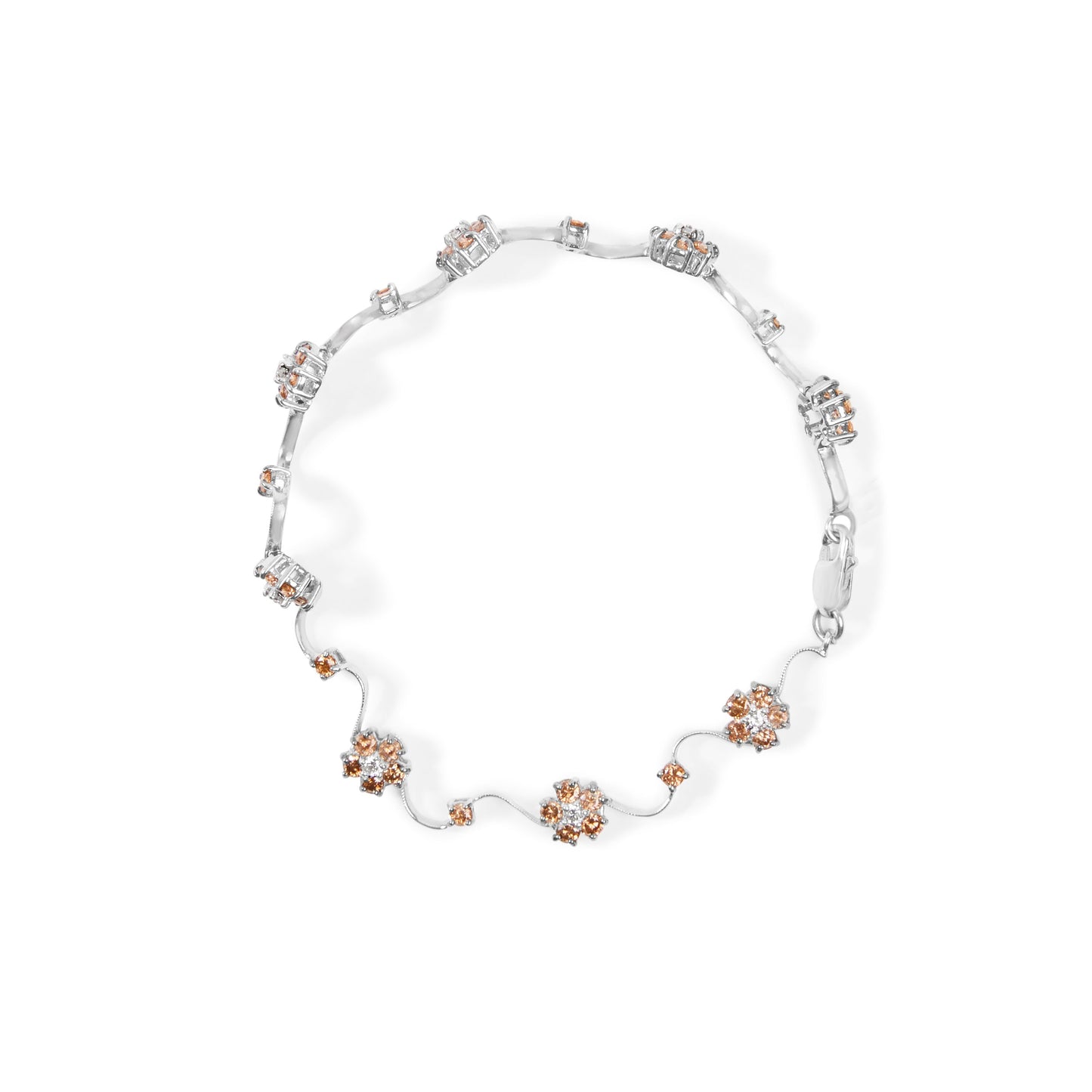 Pulsera de eslabones tipo estación y racimo floral de oro blanco de 10K con diamantes blancos y champaña de 4.0 TCW (color H-I, claridad SI2-I1) - 7 pulgadas