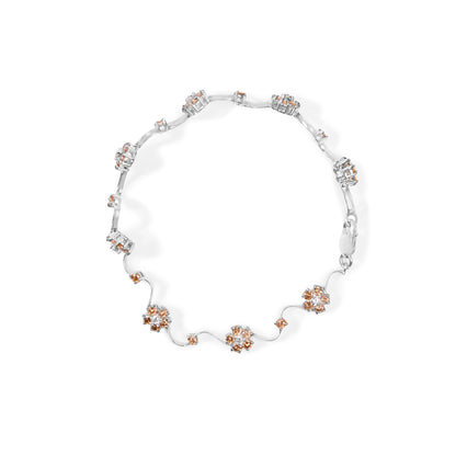 Pulsera de eslabones tipo estación y racimo floral de oro blanco de 10K con diamantes blancos y champaña de 4.0 TCW (color H-I, claridad SI2-I1) - 7 pulgadas