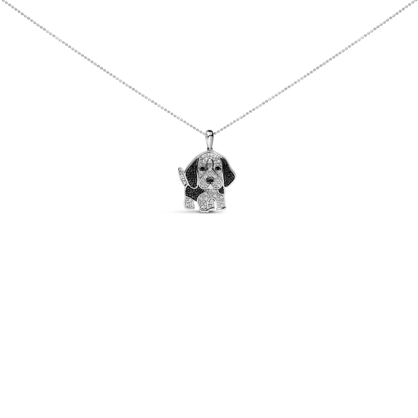 Collar con colgante de perro Basset Hound en plata de ley .925 con diamantes blancos y negros de 1/4 quilates, 18 pulgadas (color I-J, claridad I2-I3)