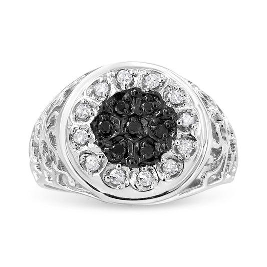 Anillo de plata de ley .925 con halo de diamantes blancos y negros de 1/4 quilate para hombre (Color I-J, Claridad I3) - Talla 10