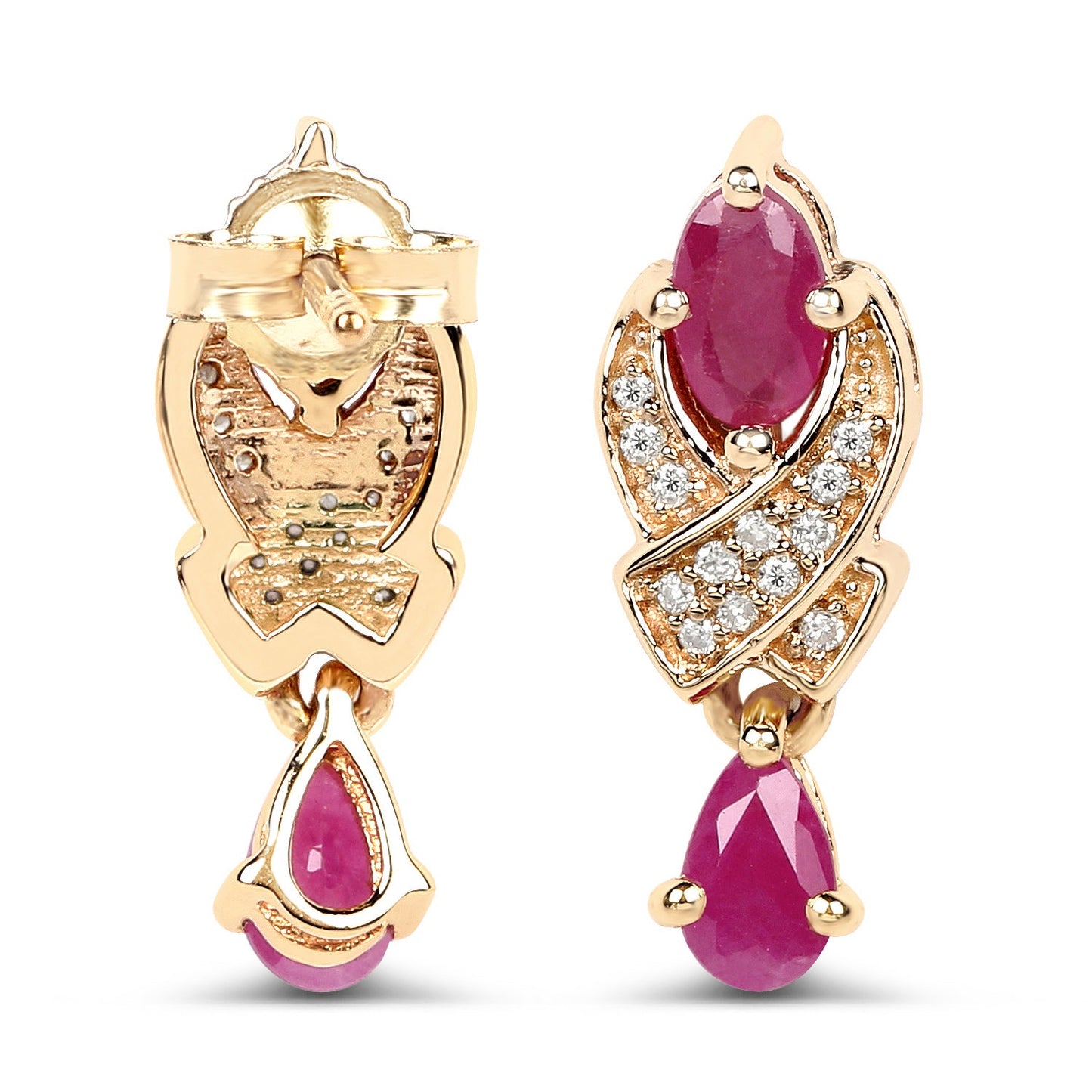 Pendientes de oro amarillo de 14 quilates con rubí genuino de 1,12 quilates y diamantes blancos