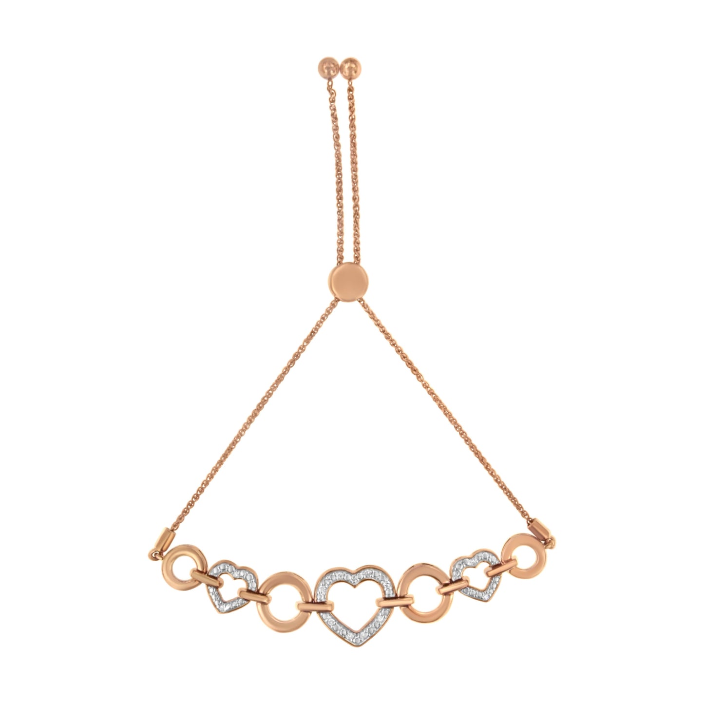 Pulsera ajustable tipo bolo con eslabones de corazón y diamantes redondos de 1/10 Cttw de oro rosa de 10K sobre plata de ley .925 (color H-I, claridad I2-I3) - 6"-9" ajustable